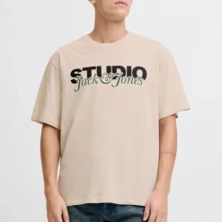 JACK & JONES Tee shirt coton yuki col ras de cou manches courtes Homme BEIGE