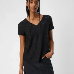 OBJECT Tee shirt feodora broderie anglaise col V Femme NOIR Online