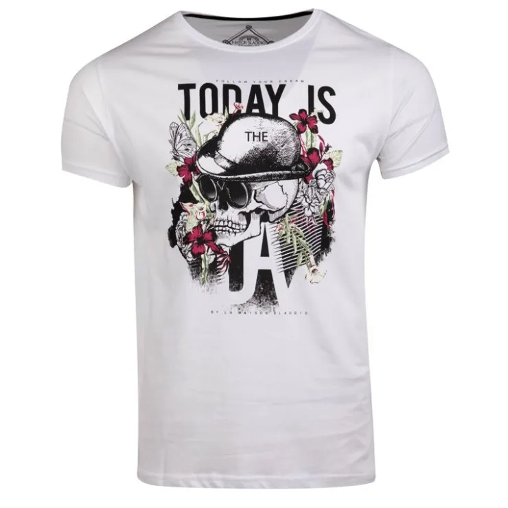 BLAGGIO Tee shirt imprimé today is the day mega Homme BLANC Clearance