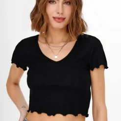 ONLY Tee shirt kika crop top col v Femme NOIR Discount
