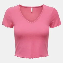 ONLY Tee shirt kika crop top col v Femme ROSE New