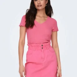 ONLY Tee shirt kika crop top col v Femme ROSE New