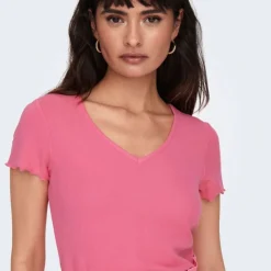 ONLY Tee shirt kika crop top col v Femme ROSE New