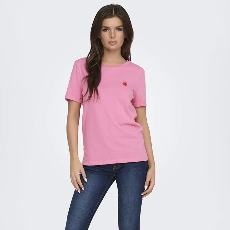 JDY Tee shirt Kitty coeur coton Femme ROSE Discount
