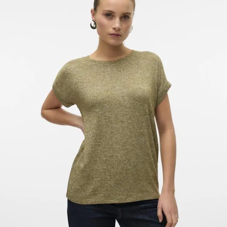 VERO MODA Tee shirt maille chiné Brianna manches retroussées Femme KAKI Hot