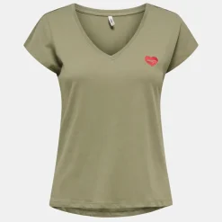 ONLY Tee shirt manches courtes col V bouche coeur brodé onlamber Femme KAKI Sale