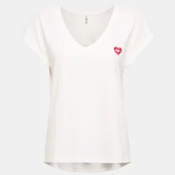 ONLY Tee shirt manches courtes col V bouche coeur brodé onlamber Femme BLANC Clearance