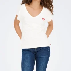 ONLY Tee shirt manches courtes col V bouche coeur brodé onlamber Femme BLANC Clearance
