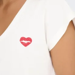 ONLY Tee shirt manches courtes col V bouche coeur brodé onlamber Femme BLANC Clearance
