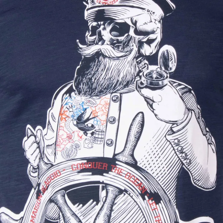 BLAGGIO Tee shirt manches courtes imprime coton doux Capitaine maxwell assor 24 Homme BLEU FONCE Hot
