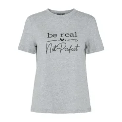 PIECES Tee shirt Maria coton bio "Be Real, Not Perfect" gris chiné Femme GRIS CLAIR New