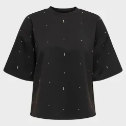 ONLY Tee shirt col rond manches 3/4 avec strass blancs Femme NOIR Hot