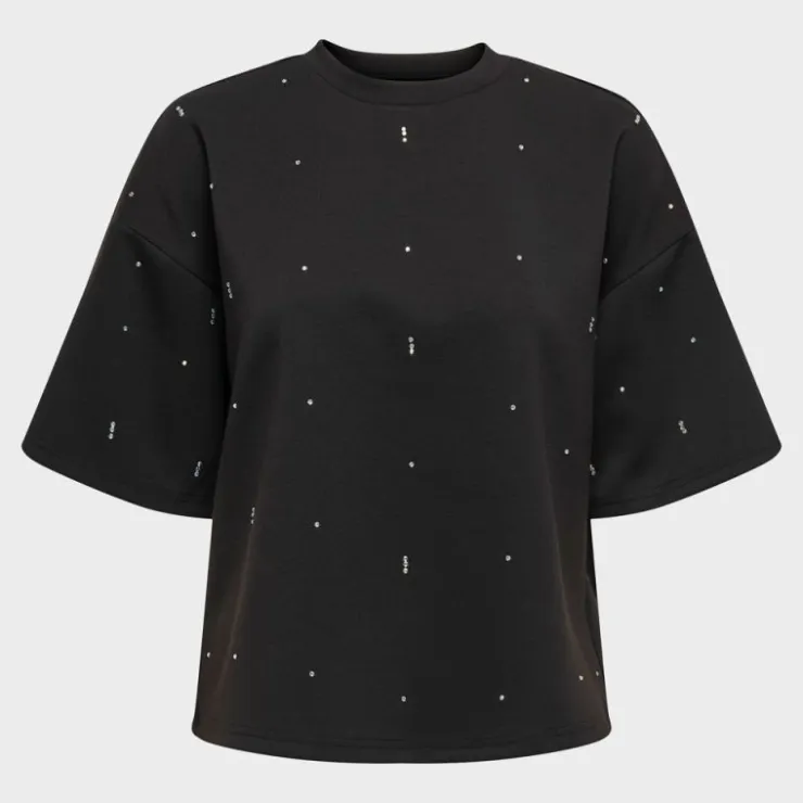 ONLY Tee shirt col rond manches 3/4 avec strass blancs Femme NOIR Hot