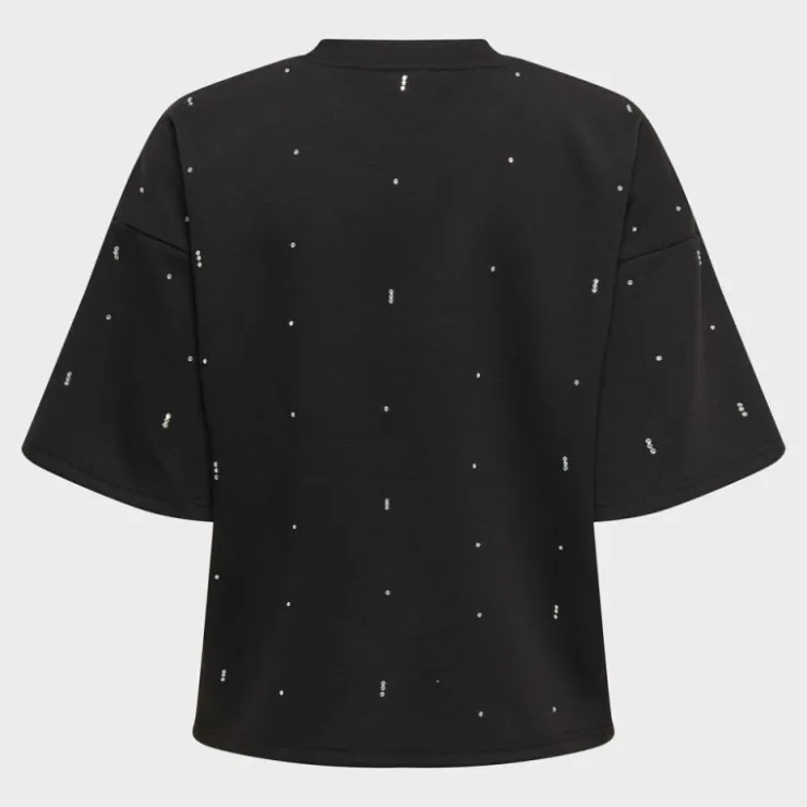 ONLY Tee shirt col rond manches 3/4 avec strass blancs Femme NOIR Hot