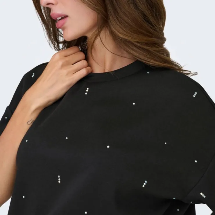 ONLY Tee shirt col rond manches 3/4 avec strass blancs Femme NOIR Hot