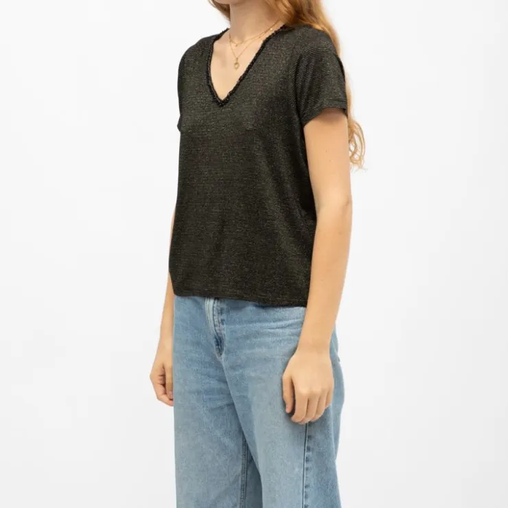 DEELUXE 74 Tee shirt col V oxane à rayures Femme NOIR