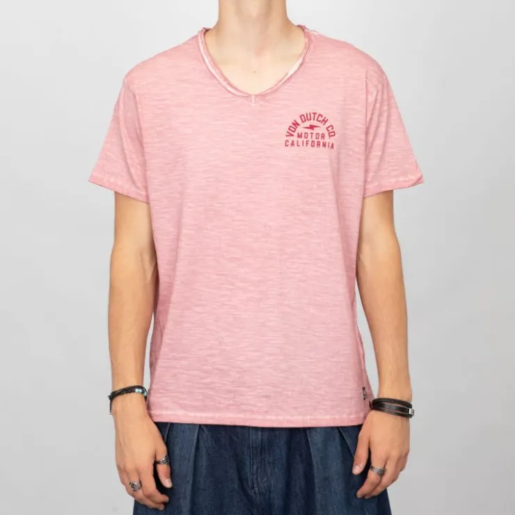 VON DUTCH Tee shirt coton chiné col V Homme ROSE New