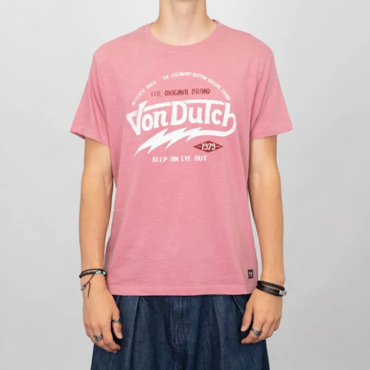 VON DUTCH Tee shirt estival coton chiné imprimé logo Homme ROSE Sale