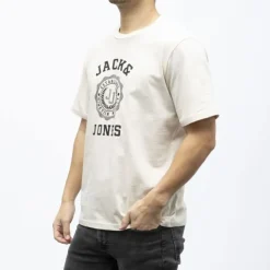 JACK & JONES Tee shirt victo coton imprimé logo blason Homme BEIGE Clearance