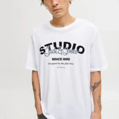 JACK & JONES Tee shirt yuki coton imprimé logo col ras de cou Homme BLANC Clearance