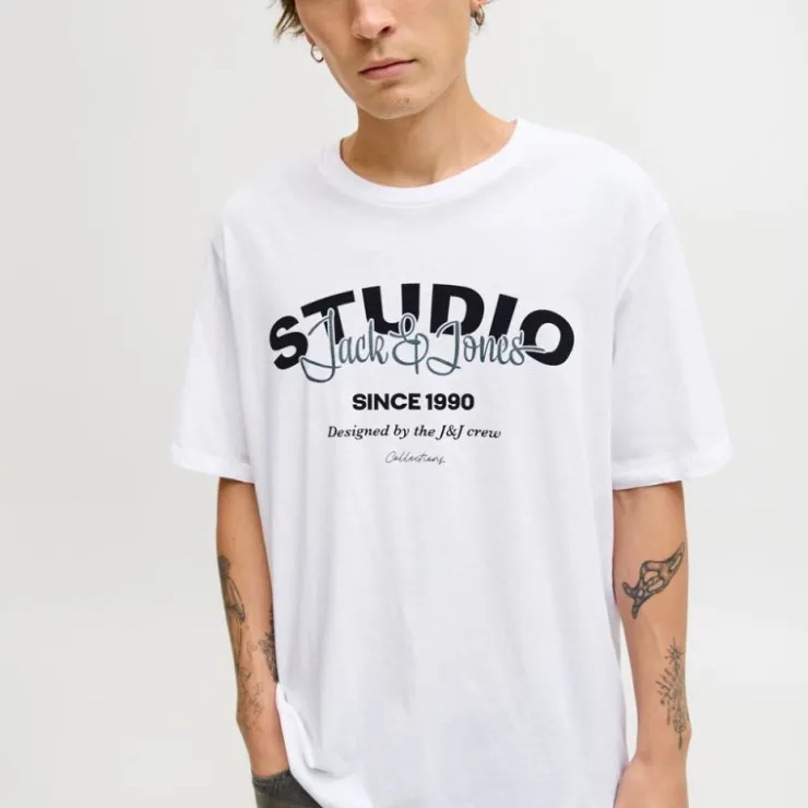 JACK & JONES Tee shirt yuki coton imprimé logo col ras de cou Homme BLANC Clearance