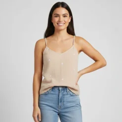 PIECES Top à bretelles brodé gaze de coton Femme BEIGE Online