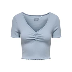 ONLY Top crop betty col v manches courtes Femme BLEU Clearance