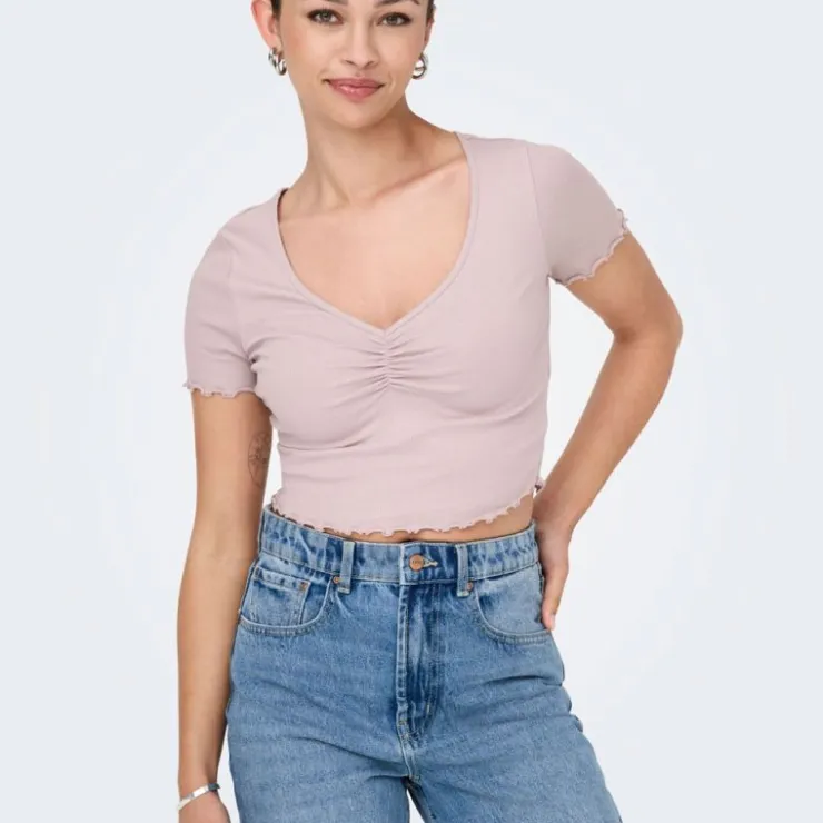 ONLY Top crop betty col v manches courtes Femme VIOLET CLAIR