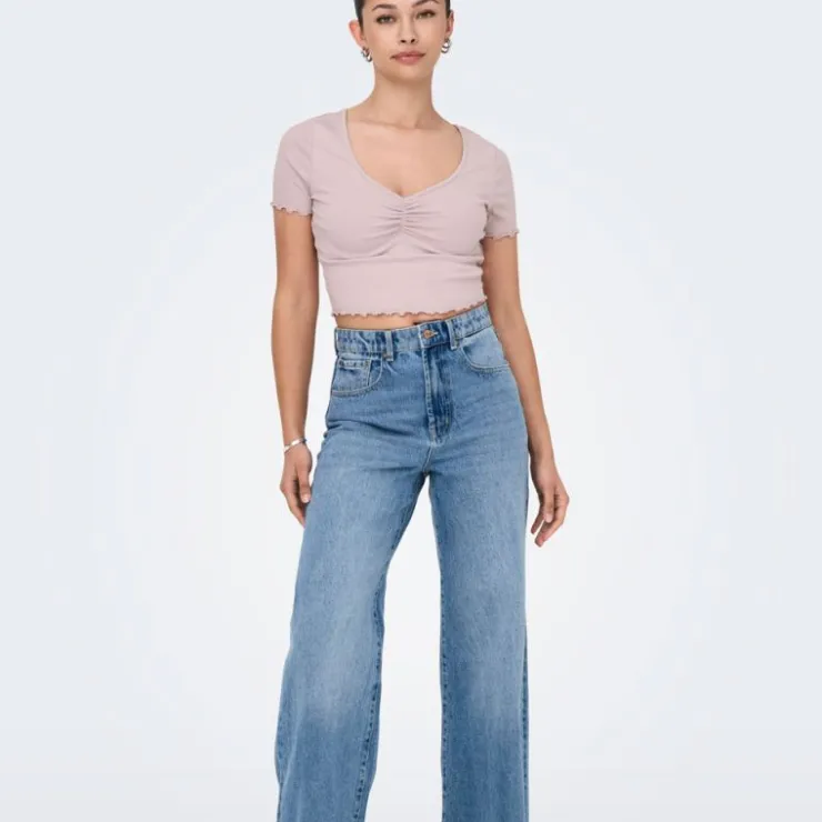 ONLY Top crop betty col v manches courtes Femme VIOLET CLAIR