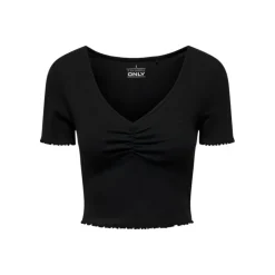 ONLY Top crop betty col v manches courtes Femme NOIR Sale