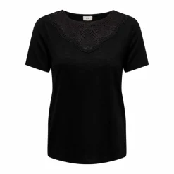 JDY Top manches courtes col rond détail dentelle uni Femme NOIR New