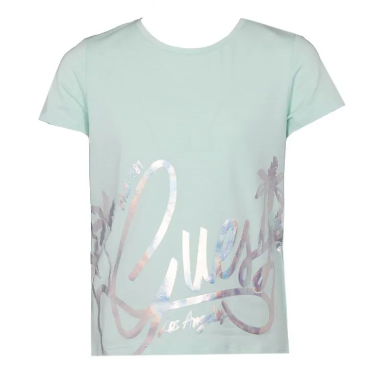 GUESS Tshirt col rond imprimé argenté avec logo manuscript Enfant VERT CLAIR Sale