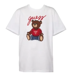 GUESS Tshirt coton imprimé ourson marron avec logo rouge Enfant BLANC New