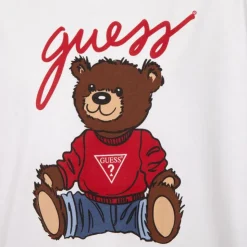 GUESS Tshirt coton imprimé ourson marron avec logo rouge Enfant BLANC New