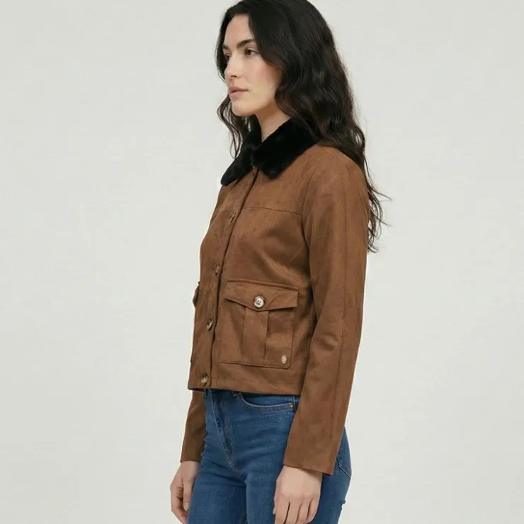 LES TROPEZIENNES PAR M.BELARBI Veste courte barkhane avec col fausse fourrure Femme MARRON Sale