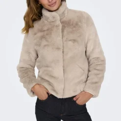 ONLY Veste fausse fourrure Vida col montant Femme BEIGE New