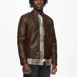 ONLY AND SONS Veste motard Mike similicuir avec zip Homme MARRON Sale