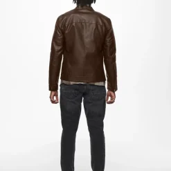 ONLY AND SONS Veste motard Mike similicuir avec zip Homme MARRON Sale